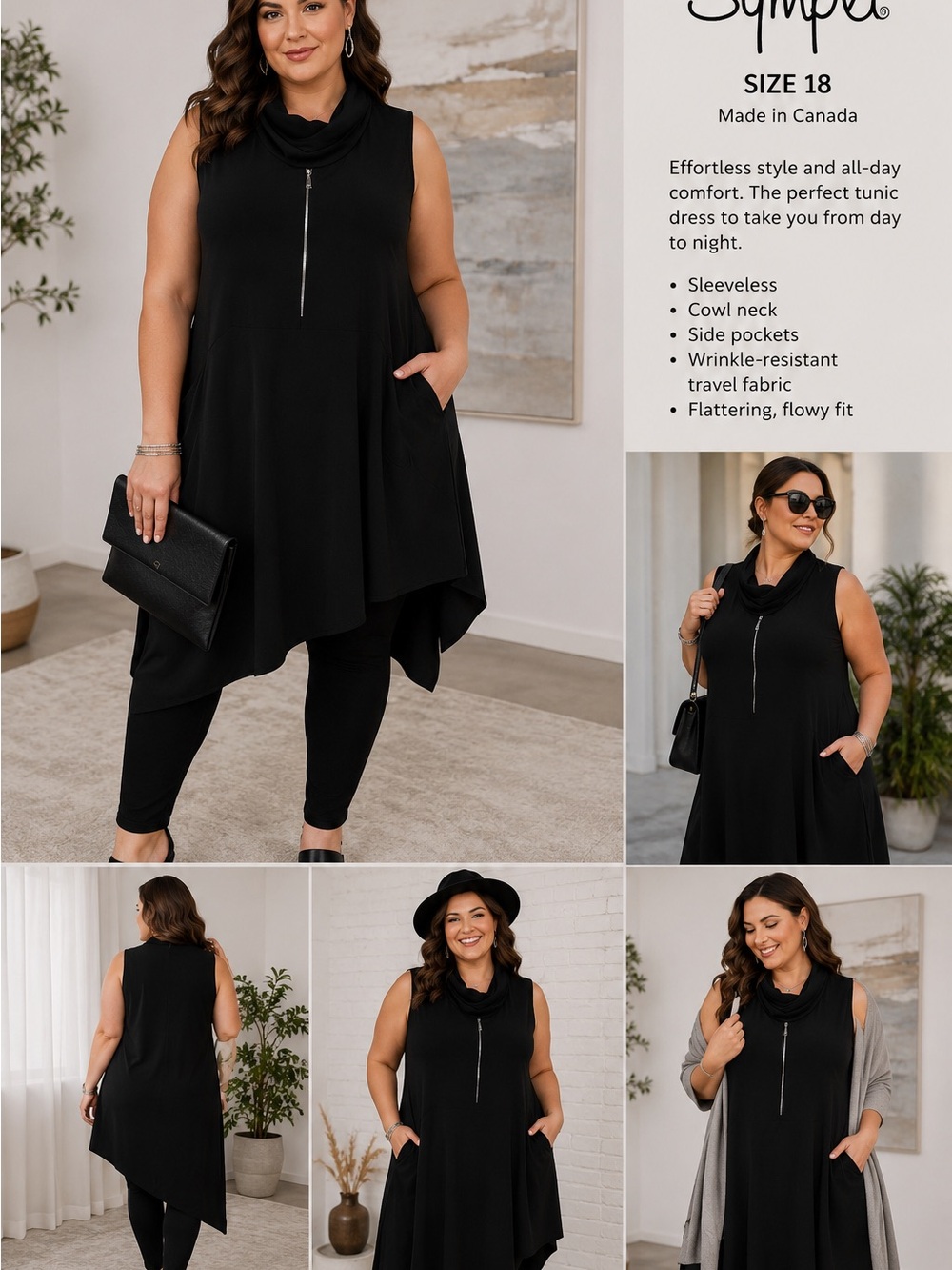Sympli Black Sleeveless Cowl Neck Tunic Dress Size 18 Made in Canada
